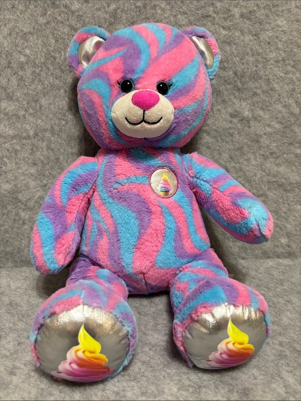 Build A Bear Sweet Swirl Pink Blue Purple Ice Cream Cone Bear 17” with Sound box